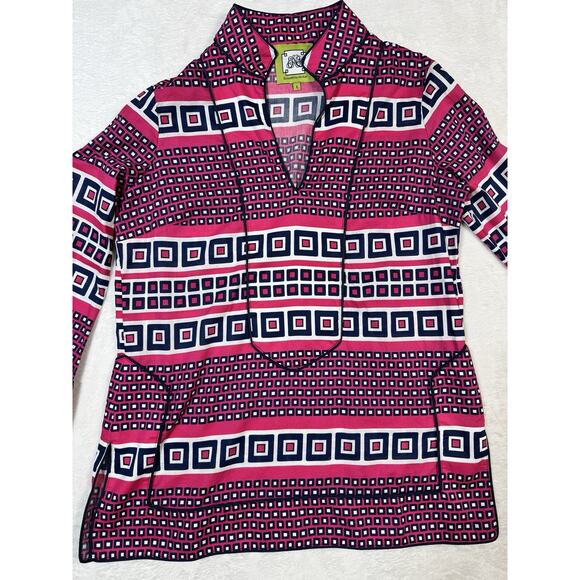 Elizabeth McKay Mackenzie Relaxed Tunic Top Geometric Art Cranberry Size Lg - Picture 1 of 7